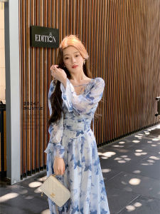 ชุดเดรสยาวแขนยาวลายดอกไม้สไตล์ฝรั่งเศสสำหรับผู้หญิงในฤดูใบไม้ร่วงปี 2024 ชุดนางฟ้าสุดหรูหรา เอวเข้ารูป กระโปรงทรงเอ คอวี