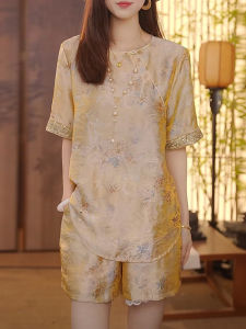 Shalldoer | Bộ đồ hai mảnh phong cách Trung Hoa mới dành cho nữ mùa hè chống nắng quần short cổ tròn tay ngắn quần áo công sở thường ngày