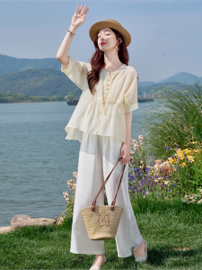 OUCAO | Elegant Loose Slimming Linen Wide Leg Pants Set