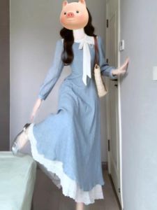 Đầm dài CHANGTONG cổ thắt nơ bướm tay dài màu xanh phong cách Pháp độc đáo