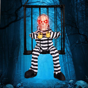 Halloween Decoration Prisoner Ghost In Cage Scary Skull Prop Electric Skeleton Toy Glowing Eye Sound Doll Hangable Talking Ghost