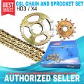 HDR GOLD CHAIN AND SPROCKET SET FOR KAWASAKI HD3 / SUZUKI X4 / KYMCO GP125 (14/42t/45t 428H-120L). 