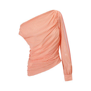 RoseFossil Plaid Chiffon Asymmetrical Hem One Shoulder Sleeveless Irregular Pleated Stackable Feel Top Original Design Slim Fit Long Sleeve