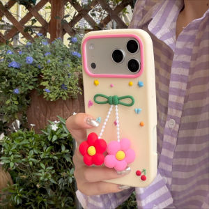 EOENKK | Korean INS Style Flower Pearl Pendant Phone Case For iPhone 17 16 15 14 13 12 Pro Max Plus 16e 17 Pro Girl Silicone Phone Cover