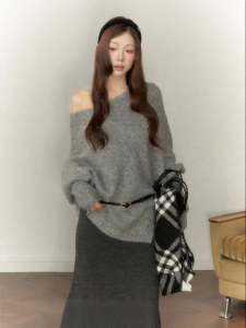 YIKEXIAOYEMEI | Áo Sweater Knit Trẻ Trung Dễ Thương Kiểu Đeo Vai