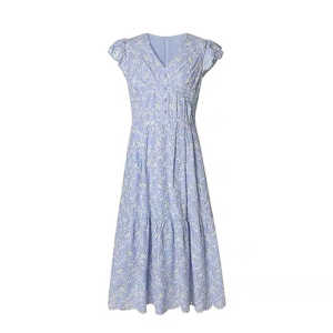 French Style Floral Embroidery Hollow out Waist Cinching Summer Long Dress V Neck Short Sleeve a Line Skirt for Young Women