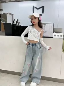 New Jeans Girls Wide Leg Pants 6-16yrs New Fashion Printed Embroideried Kids Baggy Maong Pants Denim Korean Soft Trousers