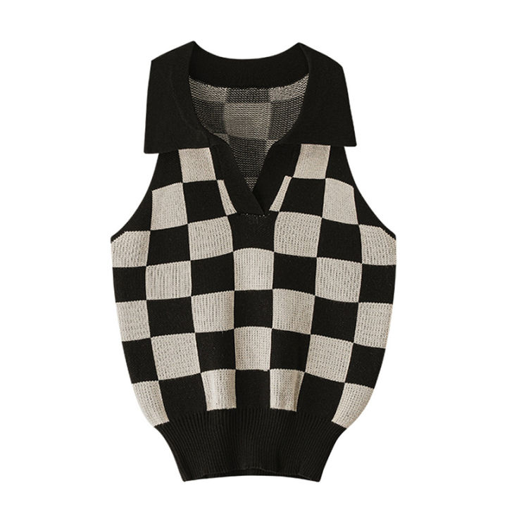 🦋 VEVE Korean Style Women Polo Collar Knitted Vest Checkered