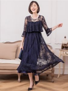 Slimming Lace Dress Korean Style Commute Polyester Fiber Bell Sleeve Elastic Waist Long Skirt for Women Spring Summer Autumn