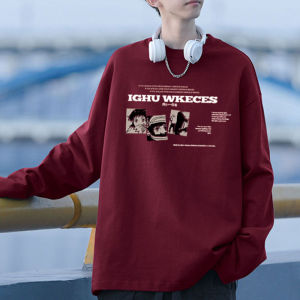 เสื้อยืดคอกลมแขนยาวทรงหลวมสำหรับผู้ชาย สีฟ้าเข้ม ผลิตจากผ้าฝ้ายแท้ ทรงหลวม แฟชั่นฤดูใบไม้ผลิและฤดูใบไม้ร่วง