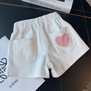 Girls Summer Fashion Short Shorts Korean Style Heart Print Denim Outerwear Trendy Hot Pants Child Clothing Elastic Waistband