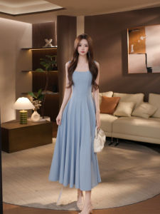 DENGLIULIU | Elegant French Style Summer Blue Strap Dress