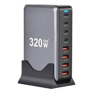 320W GaN Desktop Charger 8-Port USB Type C PD Fast Charge 3.0 Mobile USB Charger High Power Compact Size for Electronics