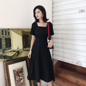 SHUFU 5197 🍀 Korean Style Chiffon Short Sleeve A Line Dresses Womens Plus Size Plain Casual Square Neck Maxi Dress