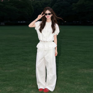 LIRUSHAN | Stylish Casual White Short Sleeve Top and Wide Leg Pants Set for Women