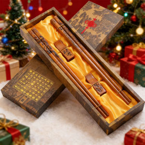 Hand-Carved Dragon & Phoenix Chopsticks Gift Set - 2 Pairs 9" Reusable Wooden Chopsticks with Box & Stand Elegant Asian Present