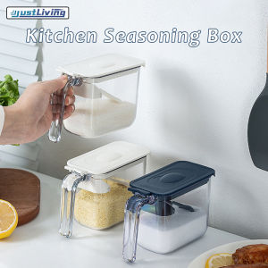 JustLiving Japanese Moisture-Proof Sealed Seasoning Jar Condiment Pot with Spoon Condiment Container - Transparent Plastic Kitchen Supplies with Handle for Salt/ Sugar and More