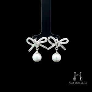 BAM17 Bông tai nữ hình nơ đính hột bẹt -bạc 925 xi bạc - xi bạch kim đính đá CZ