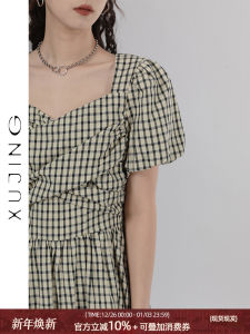French Style Square Collar Plaid Waist Cinched Dress Womens New Spring High Quality Tea Break Mini Skirt A-Line Dress