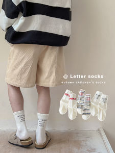 ถุงเท้ากีฬาครึ่งแข้งผ้าฝ้ายแท้สำหรับเด็ก ถุงเท้าลายทางตัวอักษรสไตล์เกาหลี ถุงเท้าเด็กผู้ชายและผู้หญิง ฤดูใบไม้ผลิและฤดูใบไม้ร่วง