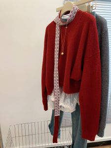 Red Christmas Lace Knot Sweater Womens Inner Wear Autumn Winter Can Be Worn outside Knitted Top Korean Style Commute
