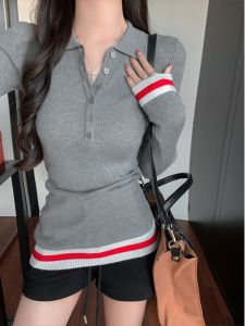 Áo Thun Polo Sọc Cổ Điển Mỹ MosesQueen Áo Len Dệt Kim Kẻ Sọc Cổ Polo Màu Tương Phản Thiết Kế Thu Đông Cho Nữ