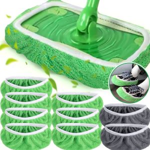 2Pcs Reusable Microfiber Mop Pads Green Furniture Flooring Sweeper Wet & Dry Cleaning Cloths Mop Head Lazy Shoe Cover Replacement Washable Rag Towel