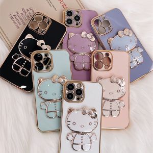 Luxury Silicone Soft Case For VIVO Y20i Y20s Y20sG Y12s Y12a V2026 V2027 V2029 V2032 V2033 V2038 V2039 V2042 V2043 V2048 V2069 V2102 1904 1940 1902 1901 1915 1938 1609 1713 1724 1801 1850 1716 1814 1815 Smooth Plating KT Cat Makeup Mirror + Free Stand