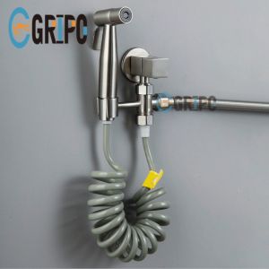 GRIPO High end 304 stainless 4 in 1 bidet set square angle valve+Tee junction with holder+cord type hose+spray gun matte finish