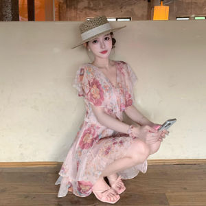 Sweet V-neck Ruffle Hem Dress Summer Tea Break Floral Print Slimming Waist Short Sleeve Womens Fashion Gentle Style