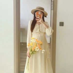 Quần Áo Bà Bầu Bộ Váy Mùa Xuân Váy Dài Mỏng Váy Hai Dây Váy Lưới Gạc