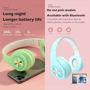 Blue wireless stereo Bluetooth earphones with microphone and LED color light