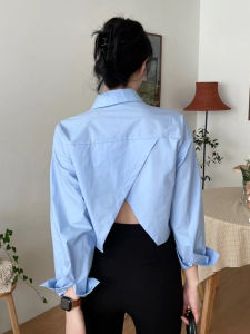 Small Chic Tops Womens Stylish Niche Style Baby Blue Back Slit Midriff Outfit Short and Thin Long Sleeves Shirt