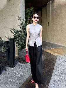 YUFUQING | Gray Loose High Waist Satin Half Skirt Two-Piece Set Sleeveless Vest Summer New Style Complete Matching Commute Casual Polyester Fiber