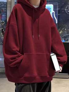 Red Wine Color American Retro Brand Heavyweight Hoodie Men Spring Autumn Loose Fleece Pure Color Outerwear Casual Style