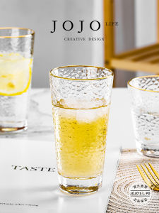JOJOS L PD Rank Hammer Pattern Tea Cup Water Glass Vintage Gold Rim Drinking Cup Simple Style round Cylinder Single Layer Glass