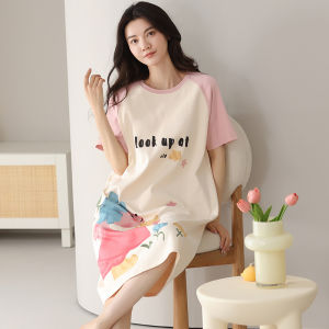 MiiOW | Pure Cotton Breathable Short Sleeve Sleep Dress Womens Summer Home Clothes Cat Person New 2025 Casual Mid-Length Dress