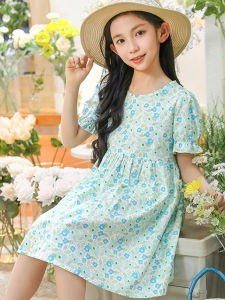 Korean Style Pure Cotton Floral Print Short Sleeve Girls Dress Summer Season Sweet Princess Skirt Childrens Clothing
