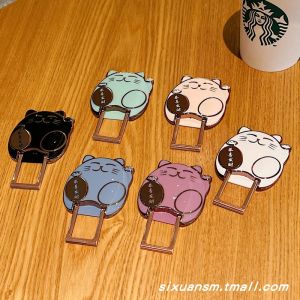 Creative Foldable Retractable Sticky Support Seat Back Paste Mobile Phone Stand Alloy Electroplating Cute Cartoon Cat Design Desktop Metal Holder