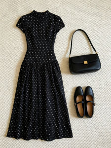 QINGMUZI | Elegant Slimming Black Polka Dot Dress
