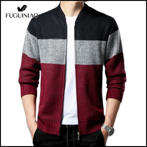 Mens Cardigan Sweater Casual Sweater Jacket Zipper design Patchwork Sweater Coat Winter Mens Sweater Jacket