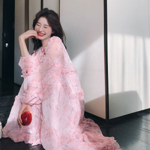 Pink Floral Long Sleeve Womens Dress Beautiful Large Skirt Romantic French Style Early Autumn New Style A-Line Dress