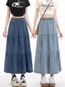 Váy Mini Denim Xếp Ly Màu Xanh Nhạt Cổ Điển Cho Nữ Mùa Xuân Hè Cạp Cao Co Giãn Váy Chữ a Dài Xếp Ly