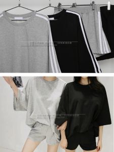 ชุดกีฬาลำลองผ้าฝ้ายแขนสั้นสำหรับผู้หญิง ชุดกีฬาฤดูร้อน เอวกลาง ทรงหลวม คอกลม แฟชั่นนักเรียน ไซส์ใหญ่ ชุดทำงาน