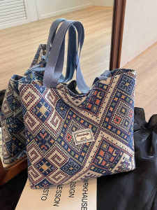 Large Capacity Commuter Tote Bag Ethnic Style Canvas Shoulder Bag for College Students Daily Use Soft Handbag Geometry Pattern