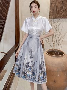 สไตล์ย้อนยุคเอวสูงสั้นความยาวกระโปรง Hanfu จีนชุดผู้หญิงฤดูร้อนมาใหม่วัสดุโพลีเอสเตอร์