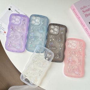 [Mới] Vỏ điện thoại keo dán pha lê họa tiết hình bướm & ngọc trai viền lượn sóng màu 3D cho iPhone 13 14 15 16 Series