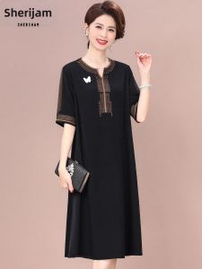 SHERIHAM | Đầm Hè Vintage Kích Cỡ Lớn Trung Bình Dài Thoáng Slimming Màu Đen Tay Ngắn