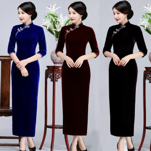 Improved Velvet Padded Dress Catwalk Golden Velvet Long Cheongsam Classy Dress Retro Womens Clothing Elegant Elegance Exquisite