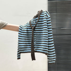 เสื้อคาร์ดิแกนถักคอตั้งลายทางหนาสำหรับผู้หญิง แขนยาว ปกติ ฤดูใบไม้ร่วง/ฤดูหนาว แฟชั่นสบายๆ ผ้าขนสัตว์ ผูกโบว์ แขนยาว ปกติ